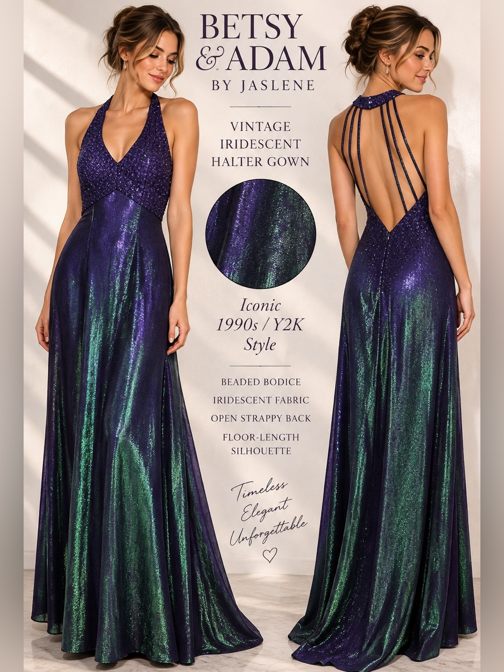 Vintage Betsy & Adam by Jaslene Iridescent Halter Gown Y2K Purple Green